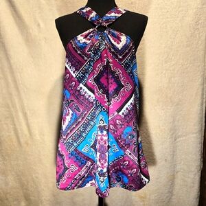 SLEEVELESS, SILK, HALTER TOP, BRIGHT PINK, BLUE, WHITE & BLACK PRINT SZ. 12